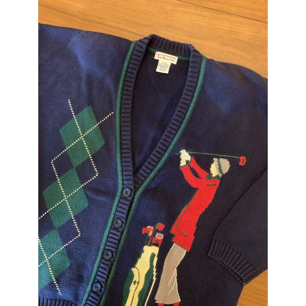 Vintage Talbots Golf Cardigan Womens M 90s Shoulder Pads Argyle Whimsical Quirky